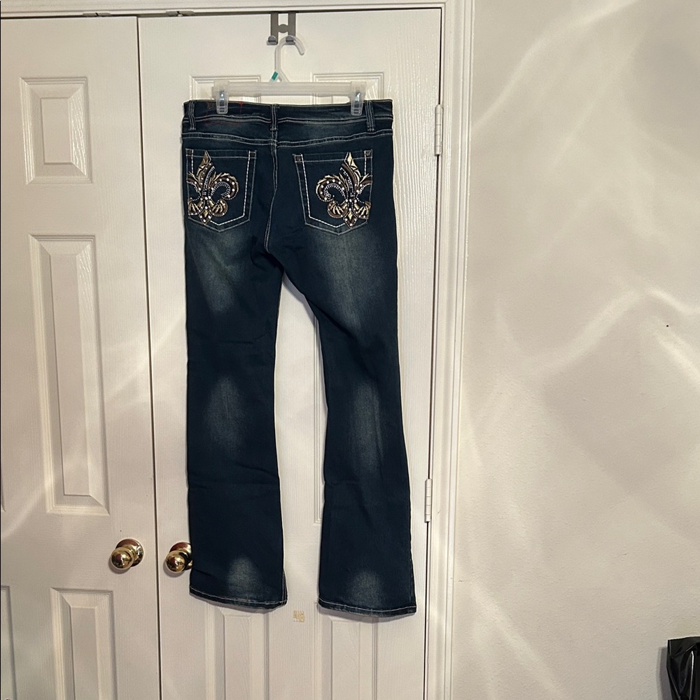 Stylish Navy Boot Cut Jeans with Embellished Pockets